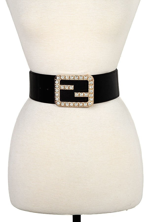 "F" Gem Buckle Belt (Black)